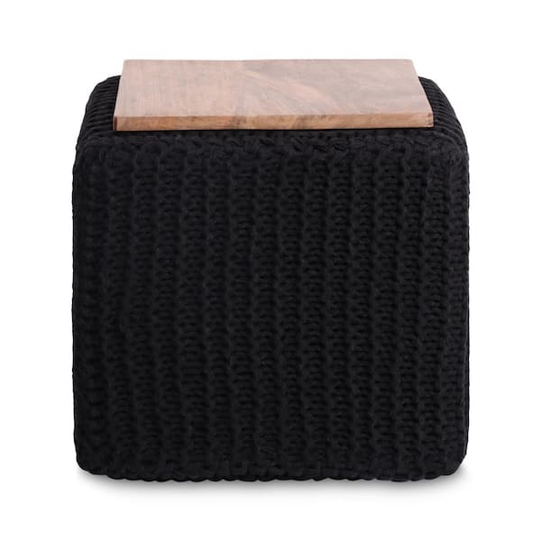 Loft Lyfe Mayla Black Cotton Yarn 3-in-1 Pouf/Ottoman/End Table