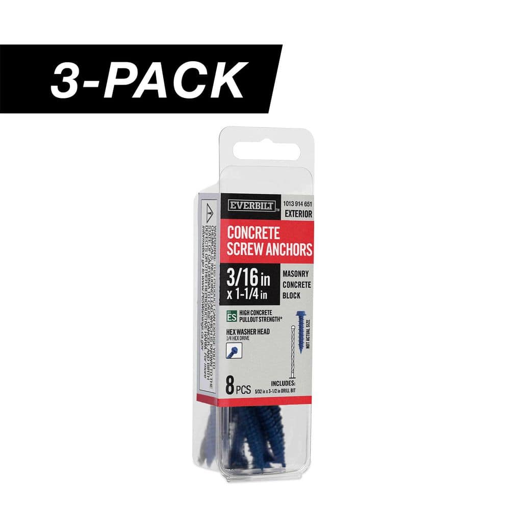 3-Pack 3/16 in. x 1-1/4 in. Hex-Head Concrete Screw Anchors Blue (24-Pieces) price history on PriceWatchPro