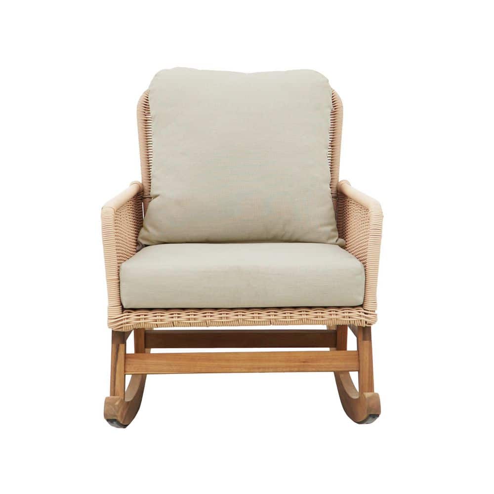 Beige Cushioned Wood and Rattan Outdoor Rocking Chair Set