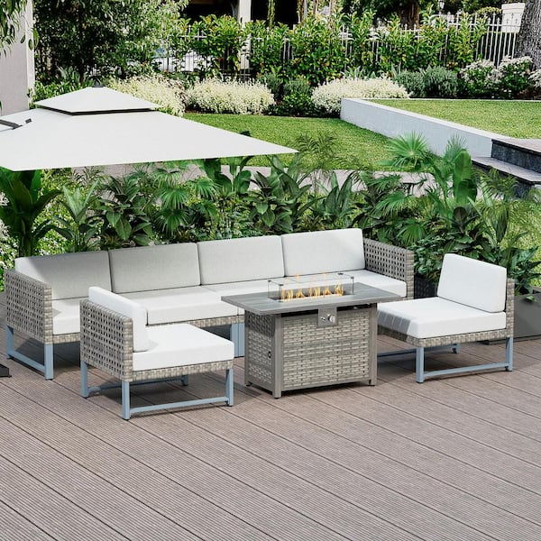 eVita Brown 7-Piece Wicker Rattan Outdoor Patio Conversation Set with Gray Cushion and 43 in. Fire Pit Table