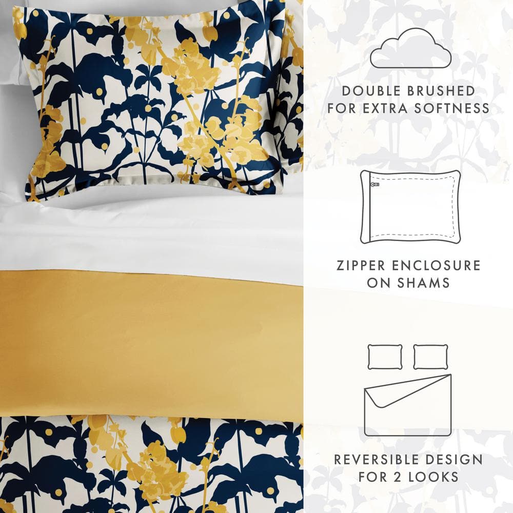 Yellow and Navy Floral Reversible Twin Duvet Cover Set
