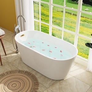 59 in. x 27.6 in. Soaking Bathtub with Side Drain in White/Golden