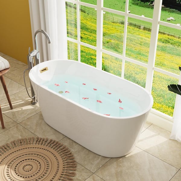 HOROW 59 in. x 27.6 in. Soaking Bathtub with Side Drain in White/Golden