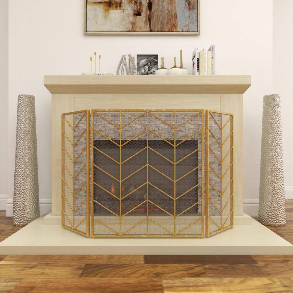 Gold 52" Chevron Pattern Mesh 3-Panel Fireplace Screen
