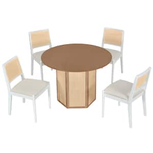 White 5-Piece Wood Outdoor Dining Set with Rattan Round Table Hexagonal Base, 4 Upholstered Chairs and Beige Cushion
