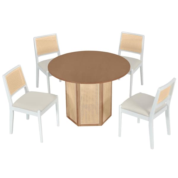 Unbranded White 5-Piece Wood Outdoor Dining Set with Rattan Round Table Hexagonal Base, 4 Upholstered Chairs and Beige Cushion
