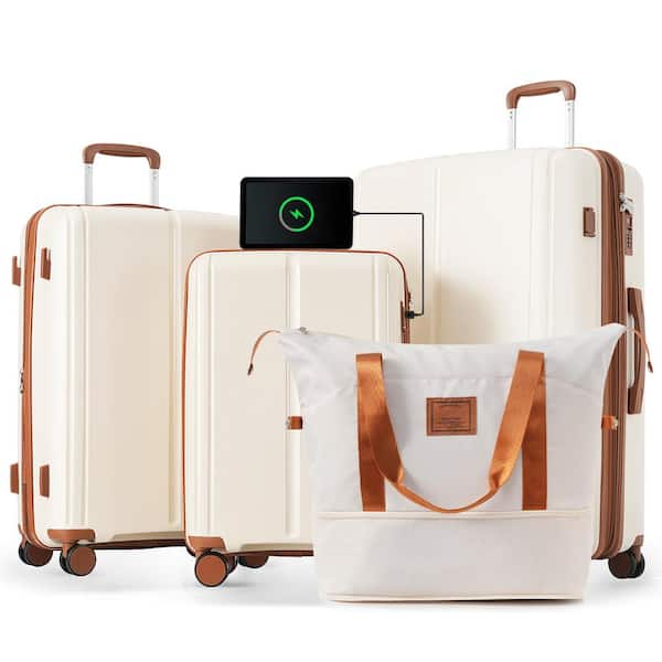 Merax 4-Piece Ivory and Brown Expandable PP Hardshell Spinner Luggage Set with Travel Bag, TSA Lock