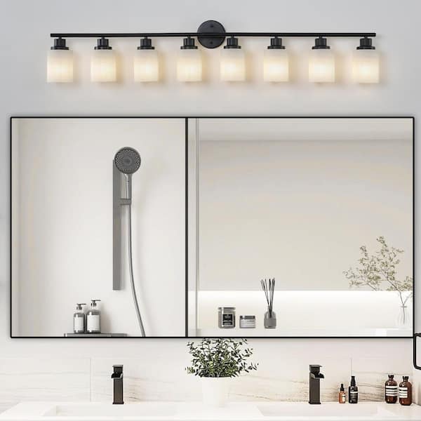 Jushua 52 in. 8-Light Black Iron Frame Bathroom Mirror Vanity