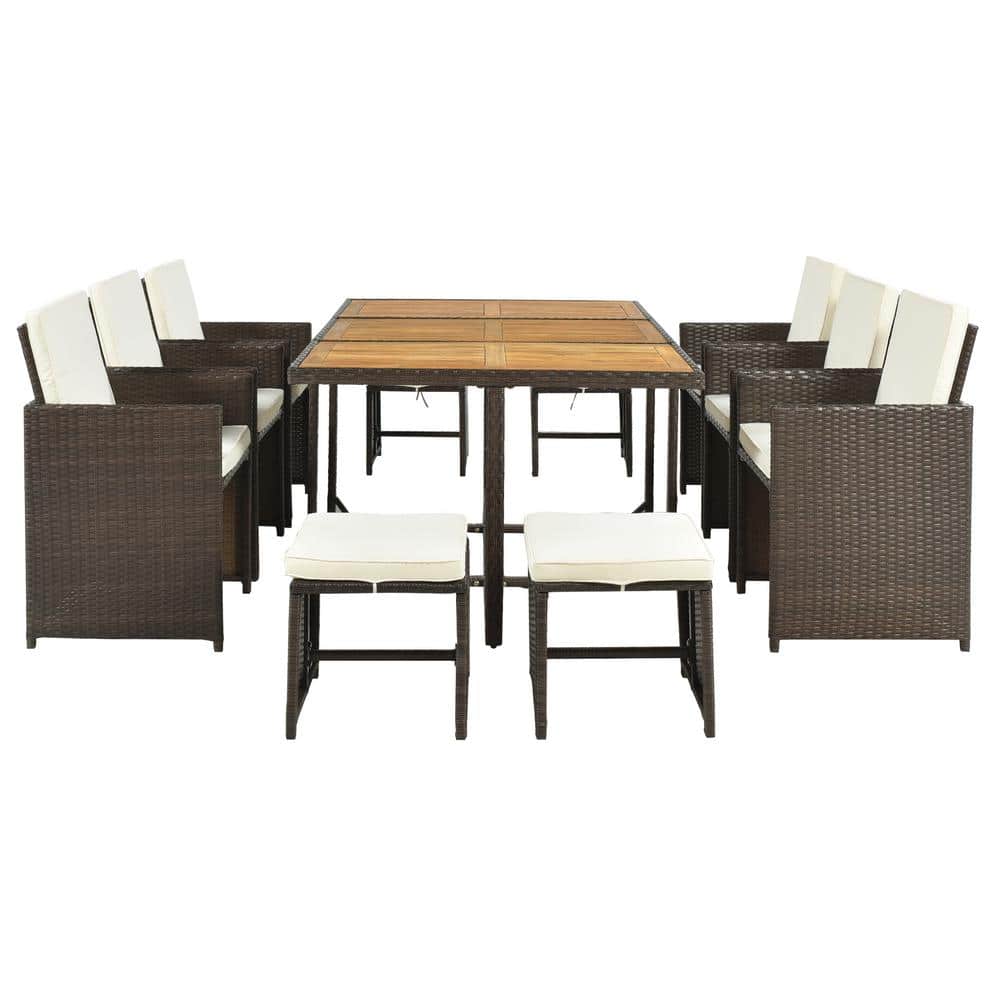 11-Piece Wicker Outdoor Dining Table Set with Beige Cushion Wood Tabletop, 
