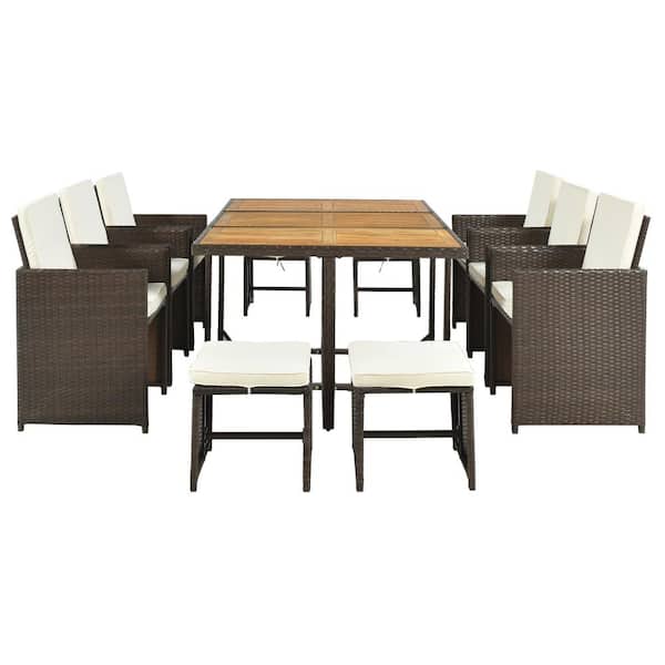 Anvil 11-Piece Wicker Outdoor Dining Table Set with Beige Cushion Wood Tabletop, Brown