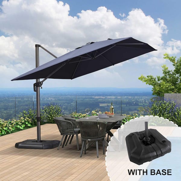 9 ft. x 11.5 ft. Aluminum Outdoor Patio Cantilever Umbrella Offset 360° Rotation Umbrella with Base, Navy Blue