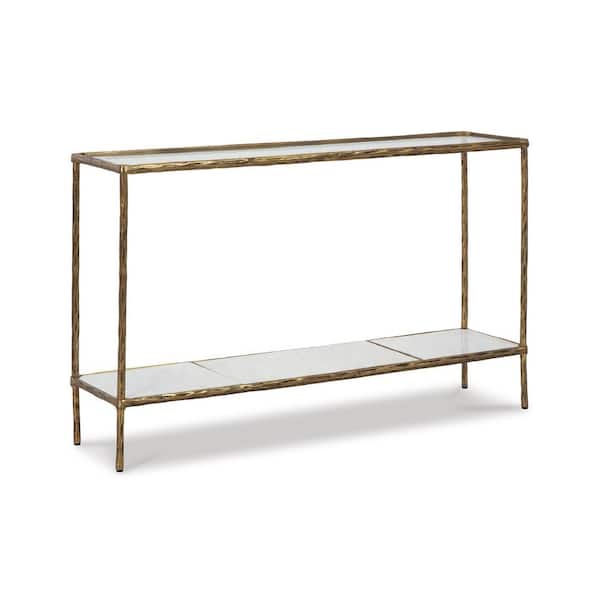 Signature DESIGN BY ASHLEY Ryandale 52 in. Antique Brass Rectangle Glass Console Table with Marble Lower Shelf