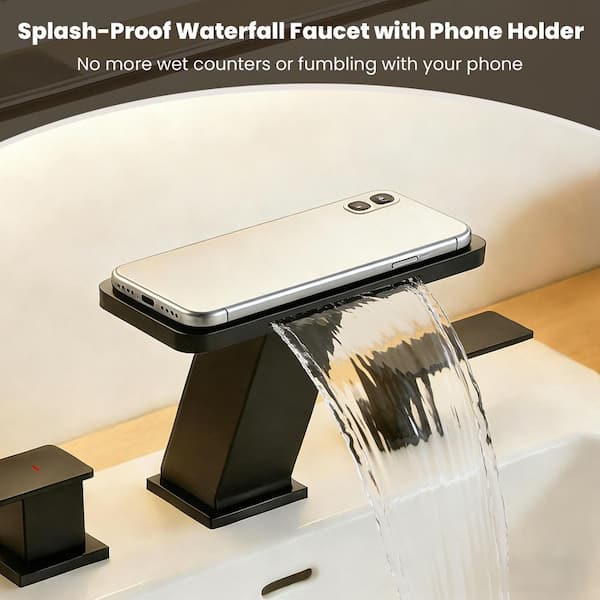 Elite Waterfall 8 in. Widespread Double-Handle Bathroom Faucet 3-Hole Bath Sink Faucet with Pop-Up Drain in Matte Black