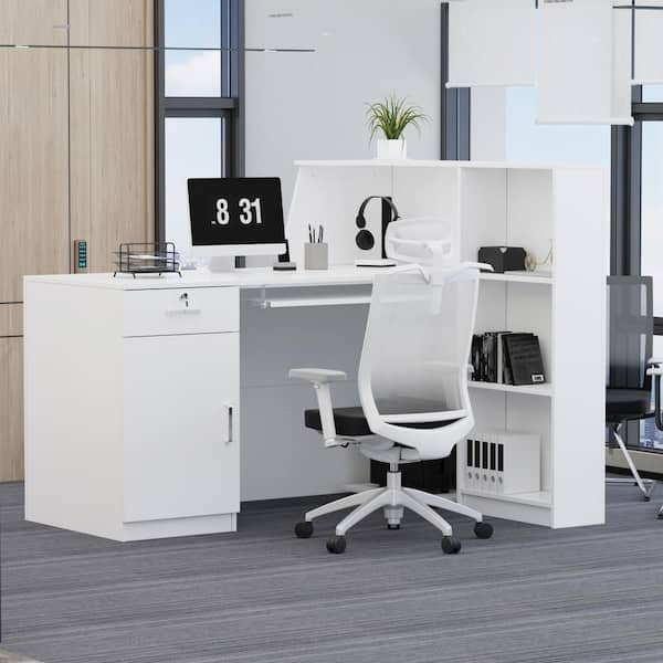 Computer Desk with 3 Drawers, 1 Door and 1 Storage Shelf, Office Desk with Drawers Latitude Run Color: White