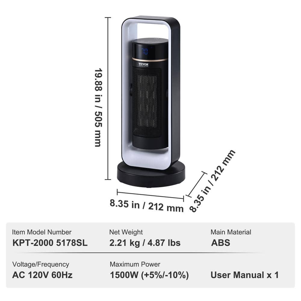 20-inch Black and Silver Ceramic Electric Heater with Thermostat