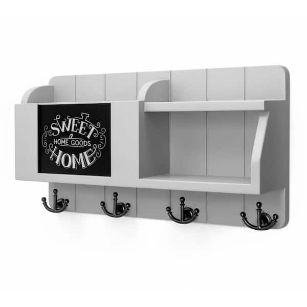 16 in. W x 3.2 in. D Grey Wood Decorative Wall Shelf Mail Organizer Wall Mount with Chalkboard & Sayings