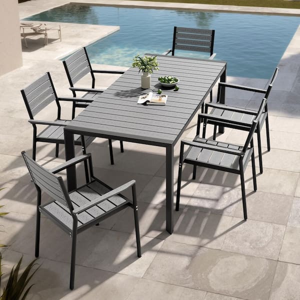7-Piece Dark Gray 71.4 in. Aluminum Patio Outdoor Dining Set with Umbrella Hole and Stackable Dining Chairs