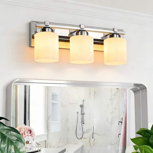 22 in. 3-Light Chrome Bathroom Vanity Light with White Glass Cylinder Shades, Dimmable for Bathroom, Vanity, or Mirror