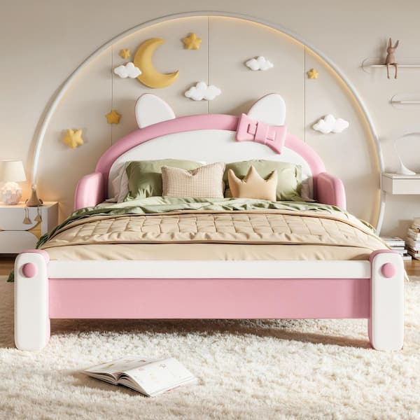 White/Pink Frame Full Size Platform Bed with Cute Cat Shaped