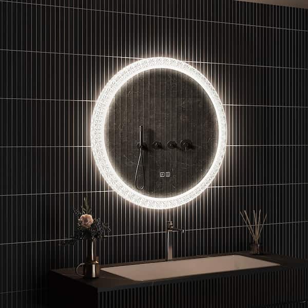 HOMEIBRO 24 in. W x 24 in. H Round Acrylic Framed LED Light with Dimmable and Anti-Fog Wall Mounted Bathroom Vanity Mirror