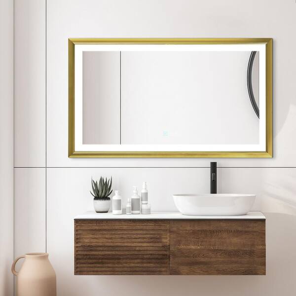 HBEZON Metis 60 in. W x 36 in. H Large Rectangular Aluminum Framed Dimmable Anti-Fog Wall Bathroom Vanity Mirror in Gold