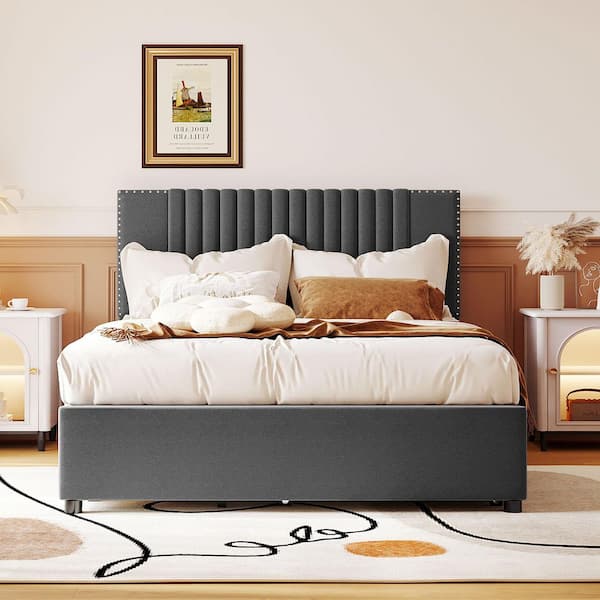 Gray Wood Frame Full Size Platform Bed with (2-Drawers) and 1 Twin Size Trundle