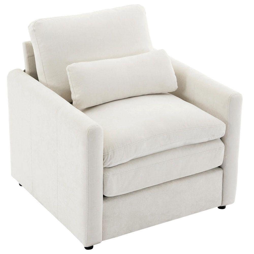 Beige Chenille Arm Chair Chair with Double Cushion for Living Room