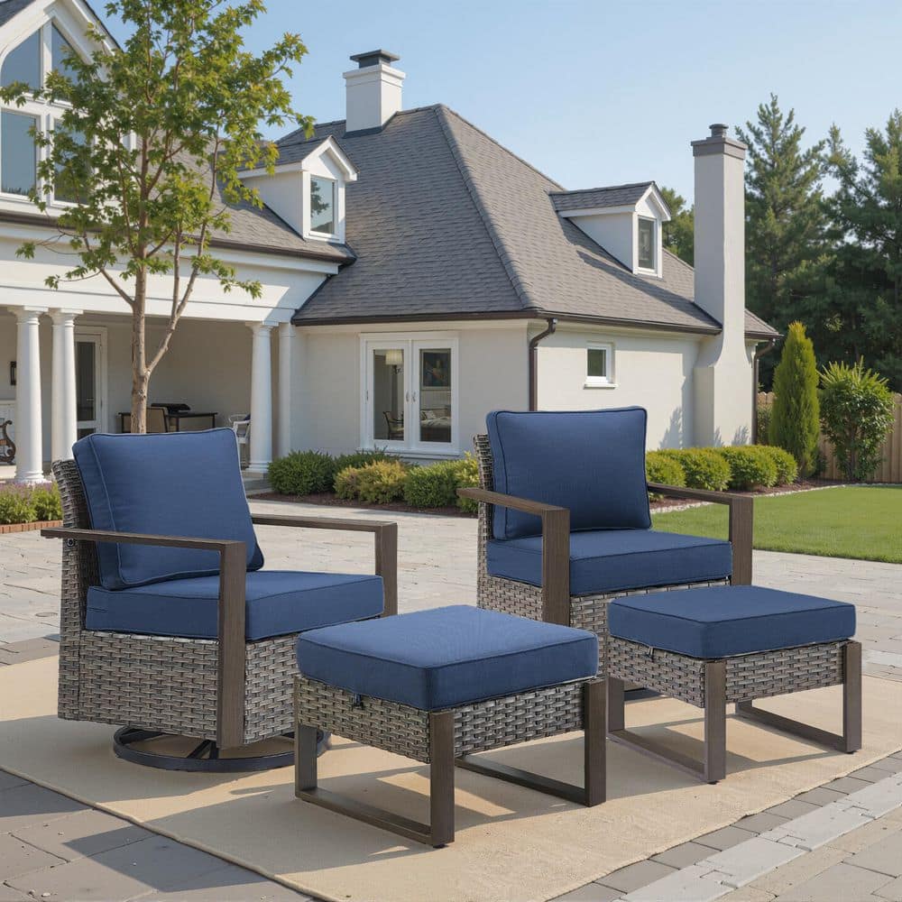 Kove Gray 4-Piece Wicker Swivel Glider Patio Conversation Set with Matching Ottomans and 4 in. Thick Blue Cushions price history on PriceWatchPro