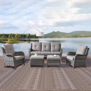 Carolina 5-Piece Gray Wicker Patio Outdoor Conversation Set with Gray Cushions