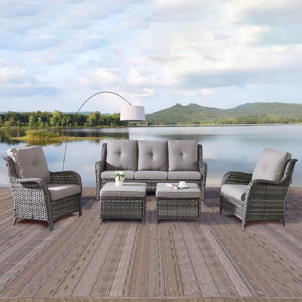 Gymojoy Carolina 5-Piece Gray Wicker Patio Outdoor Conversation Set with Gray Cushions