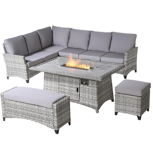 moda furnishings Hyde Gray 5-Pieces Wicker Patio Conversation Set with Gray Cushions
