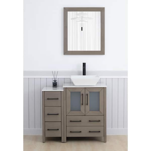 36 in. W Single Basin Driftwood Gray Bath Vanity with White Engineered Marble Top and Mirror