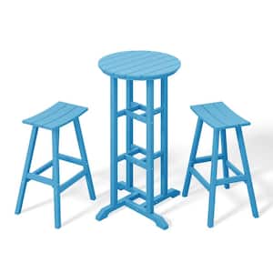 Laguna 3-Piece HDPE Weather Resistant Outdoor Patio Bar Height Bistro Set with Saddle Seat Barstools, Pacific Blue