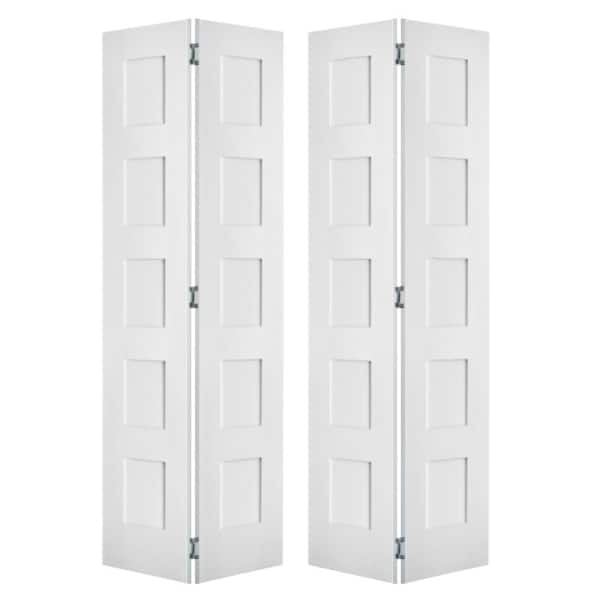 48 in. x 80 in. Shaker 5-Panel Solid Core Primed MDF Wood Interior Bifold Double Door with Hardware