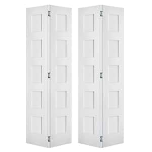 48 in. x 80 in. Shaker 5-Panel Solid Hybrid Core Primed MDF Wood Interior Bifold Double Door with Hardware