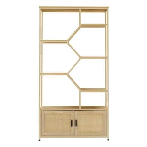 39.4 in. W x 75.6 in. H x 13.8 in. D Wooden Rectangular Bookcase Shelf in Beige with Rattan Doors, Adjustable Shelves