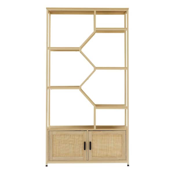 Unbranded 39.4 in. W x 75.6 in. H x 13.8 in. D Wooden Rectangular Bookcase Shelf in Beige with Rattan Doors, Adjustable Shelves