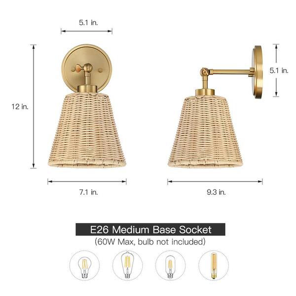 TRUE FINE Adella 1-Light Brass Boho Natural Rattan Hardwired Wall Sconce with Adjustable Swivel Swing Arm TD10028W