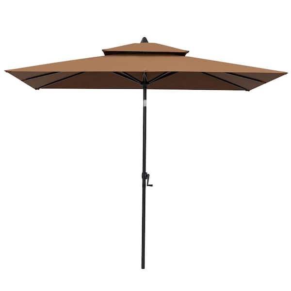 Pellebant Double Top 9 ft. x 5 ft. Rectangular Aluminum Market Crank and Tilt Patio Umbrella in Brown