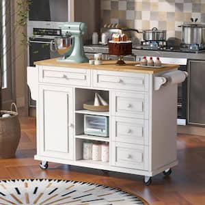 White Wooden 53 in. Rolling Mobile Kitchen Island Cart with Storage, Open Racks and 5-Drawers