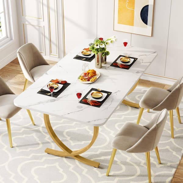 Halseey Rectangular White and Gold Marble Tabletop 63 in. Metal Legs Dining Table for 4-6 People