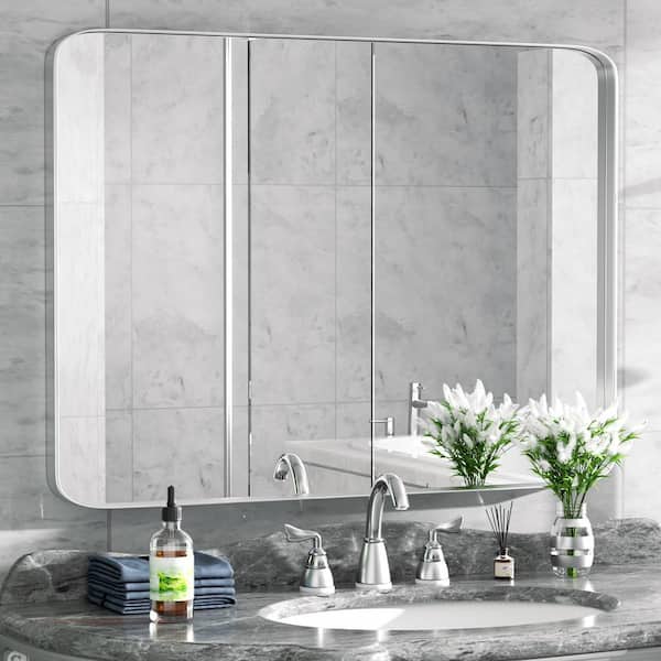 PAIHOME 30 in. W x 40 in. H Large Rectangular Stainless Steel Framed Mirror Wall Mirror Bathroom Vanity Mirror in Brushed Silver