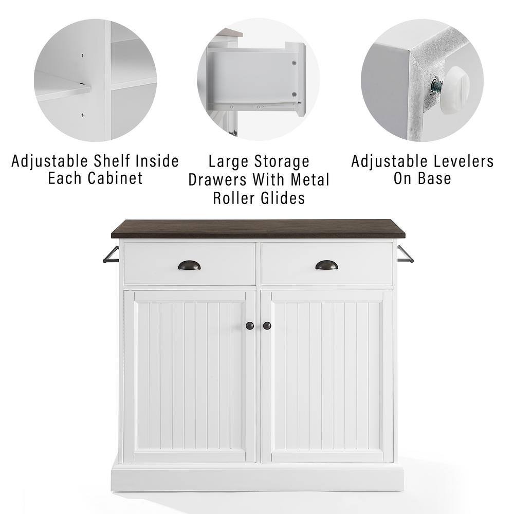 Coastal Charm White and Dark Brown 46" Kitchen Island with Storage