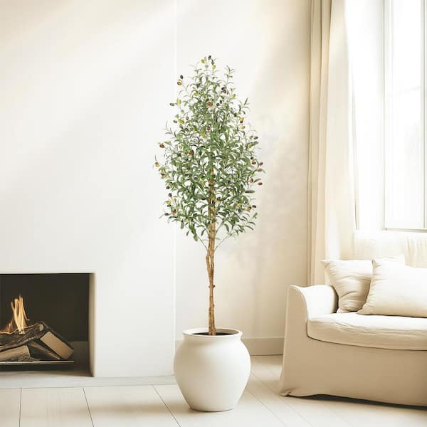 Garvee 2-Pieces 6 ft. Artificial Olive Tree In White Planter, Olive Trees with Natural Wood Trunk and Green Fake Moss