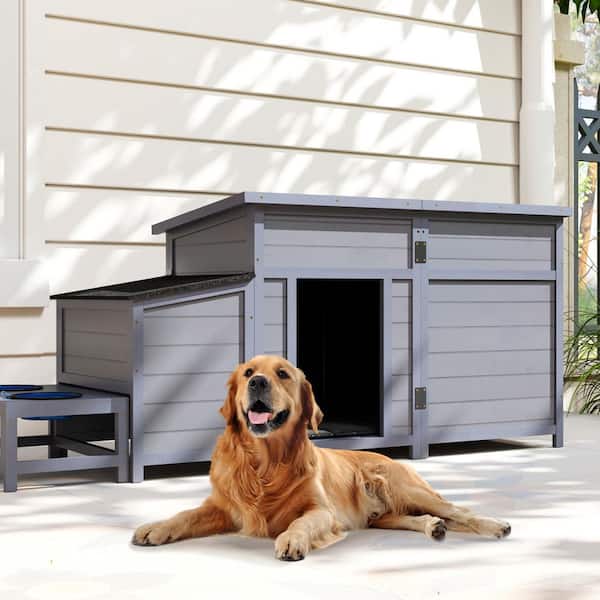 2-in-1 Outdoor Wood Dog House with Feeding Bowls, Large Dog Kennel, Gray