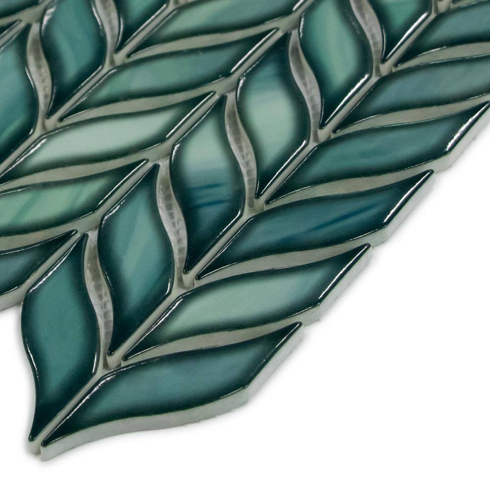 Green 11.3" x 10.7" Glazed Leaf Waterjet Recycled Glass Mosaic Tile