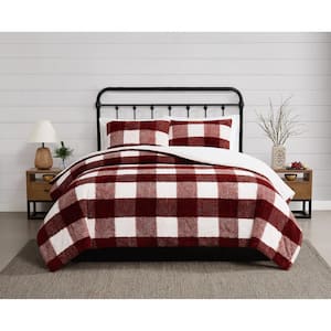 Cozy Buffalo Check Polyester Burgundy Full/Queen 3 Piece Comforter Set