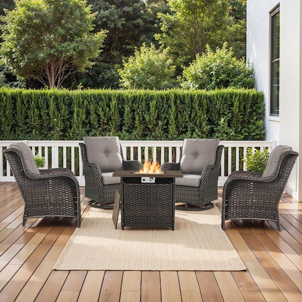 moosprr 5-Piece PE Brown Wicker Fire Pit Conversation Set with Olefin Gray Cushions and Swivel Glider and Lounge Chairs