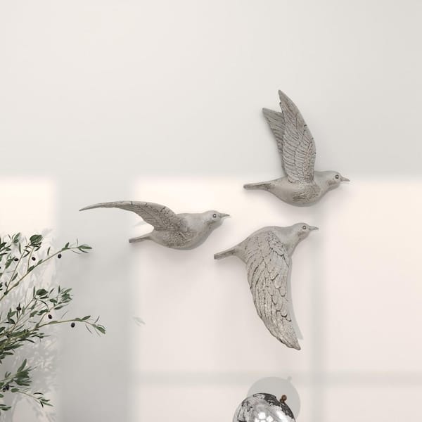 Litton Lane Resin Silver Metallic 3D Sculpted Bird Wall Decor (Set of 3)