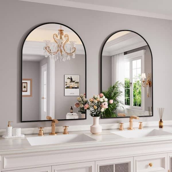 Modern 24 in. W x 36 in. H Arched Black Metal Framed Wall Mirror Vanity Mirror
